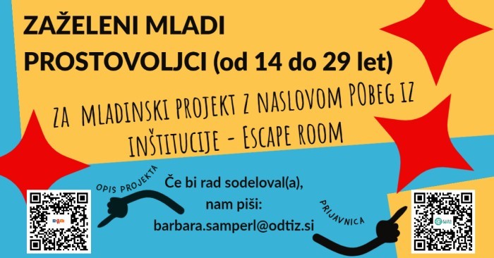 Zaželjeni prostovoljci za projekt Escape Room – pobeg iz inštitucije 